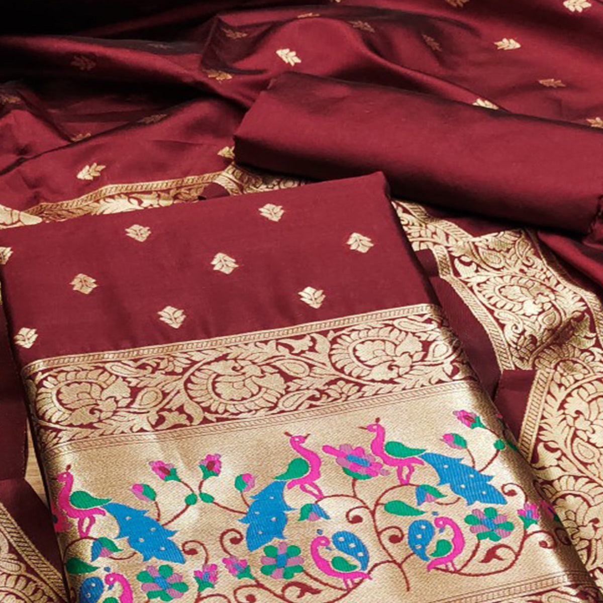 Maroon Floral Woven Banarasi Silk Dress Material