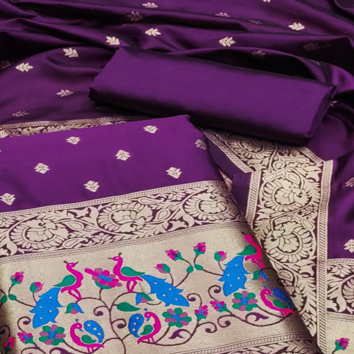 Purple Floral Woven Banarasi Silk Dress Material