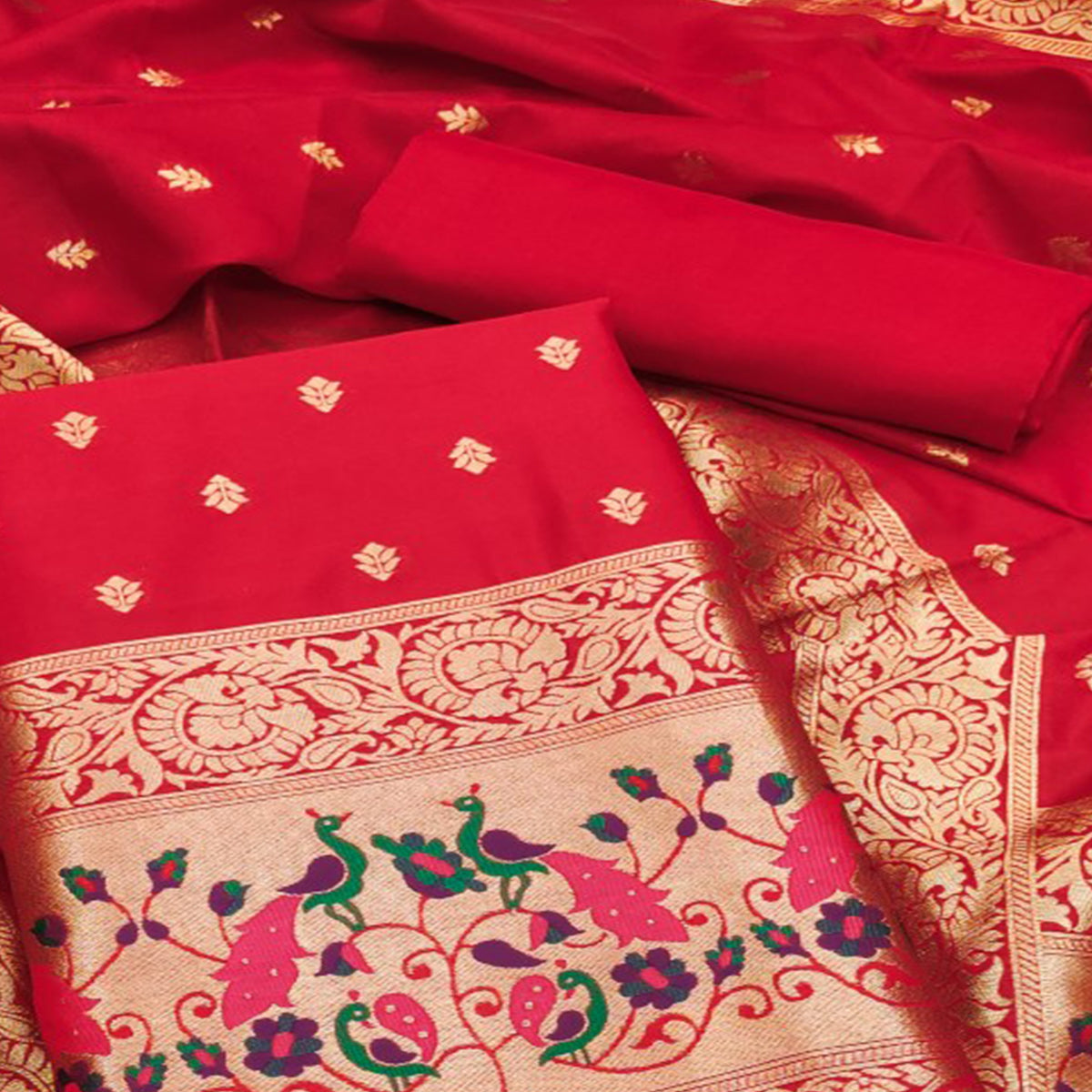 Red Floral Woven Banarasi Silk Dress Material