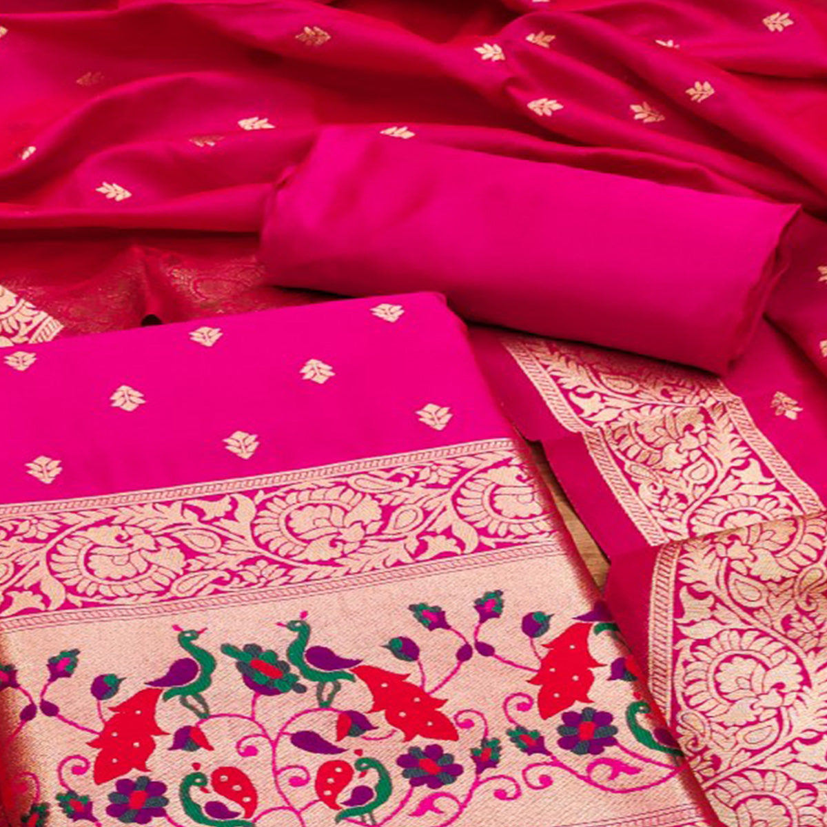 Rani Pink Floral Woven Banarasi Silk Dress Material