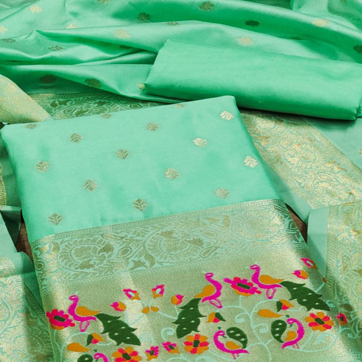 Sea Green Floral Woven Banarasi Silk Dress Material