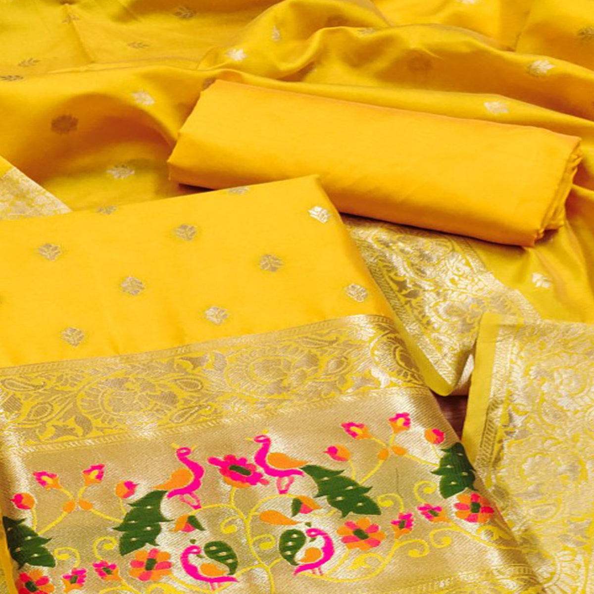 Yellow Floral Woven Banarasi Silk Dress Material