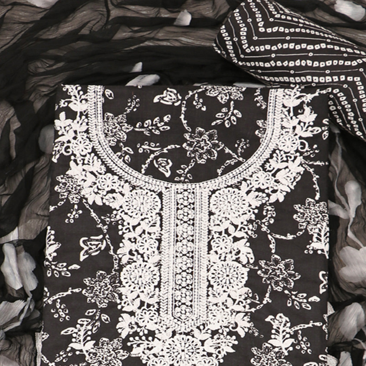 Black Printed With Embroidery Pure Cotton Dress Material