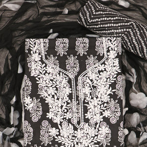 Black Printed With Embroidery Pure Cotton Dress Material