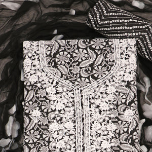 Black Printed With Embroidery Pure Cotton Dress Material