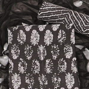 Black Printed With Embroidery Pure Cotton Dress Material