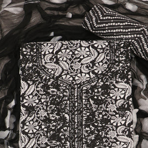 Black Printed With Embroidery Pure Cotton Dress Material