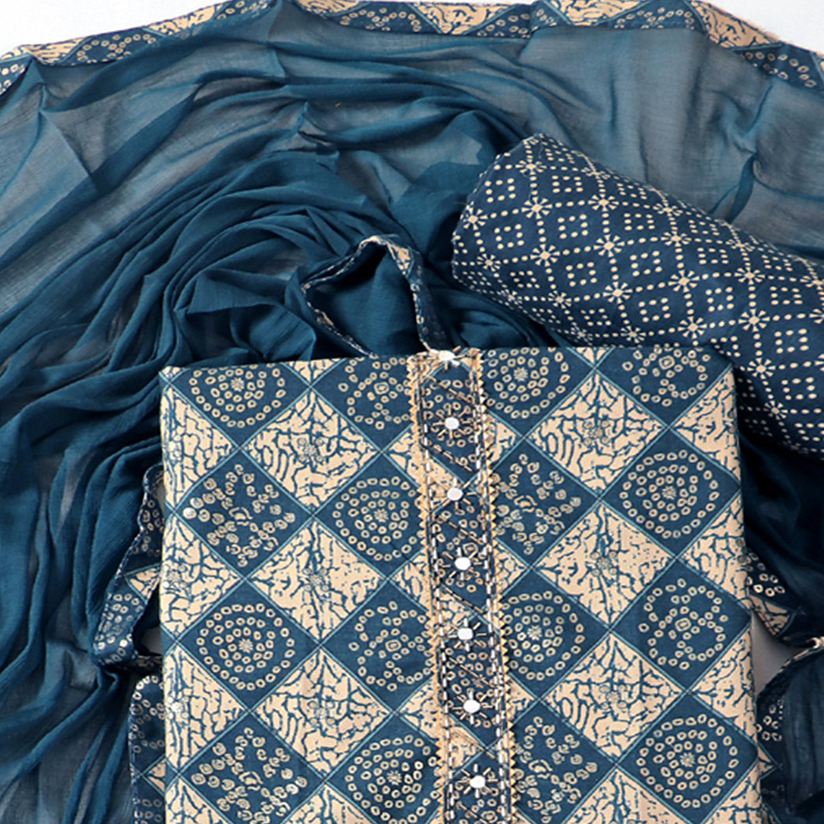 Blue Foil Printed With Handwork Pure Cotton Dress Material