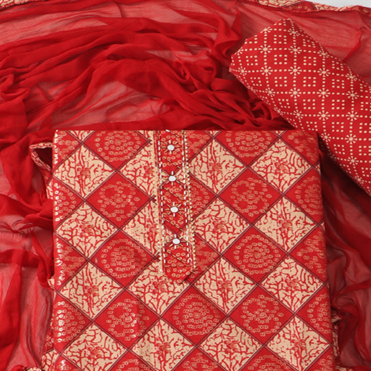 Red Foil Printed With Handwork Pure Cotton Dress Material