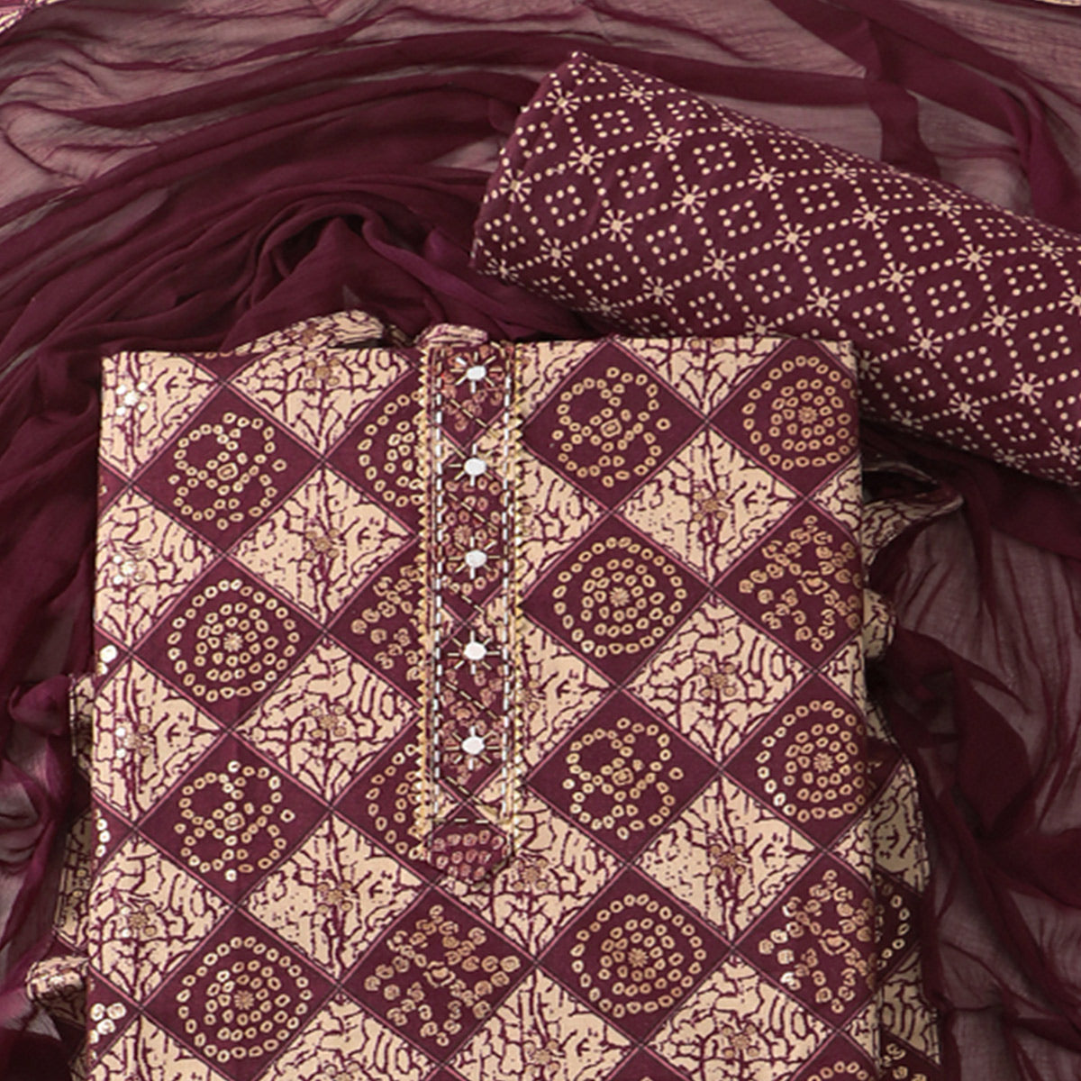 Wine Foil Printed With Handwork Pure Cotton Dress Material