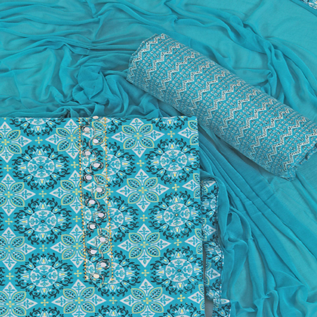 Blue Floral Foil Printed With Handwork Pure Cotton Dress Material