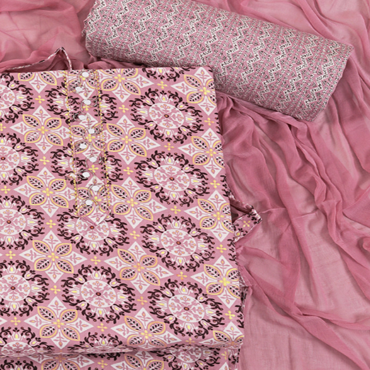 Pink Floral Foil Printed With Handwork Pure Cotton Dress Material