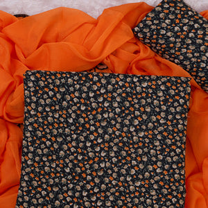 Black Floral Printed With Embroidery Cotton Silk Dress Material