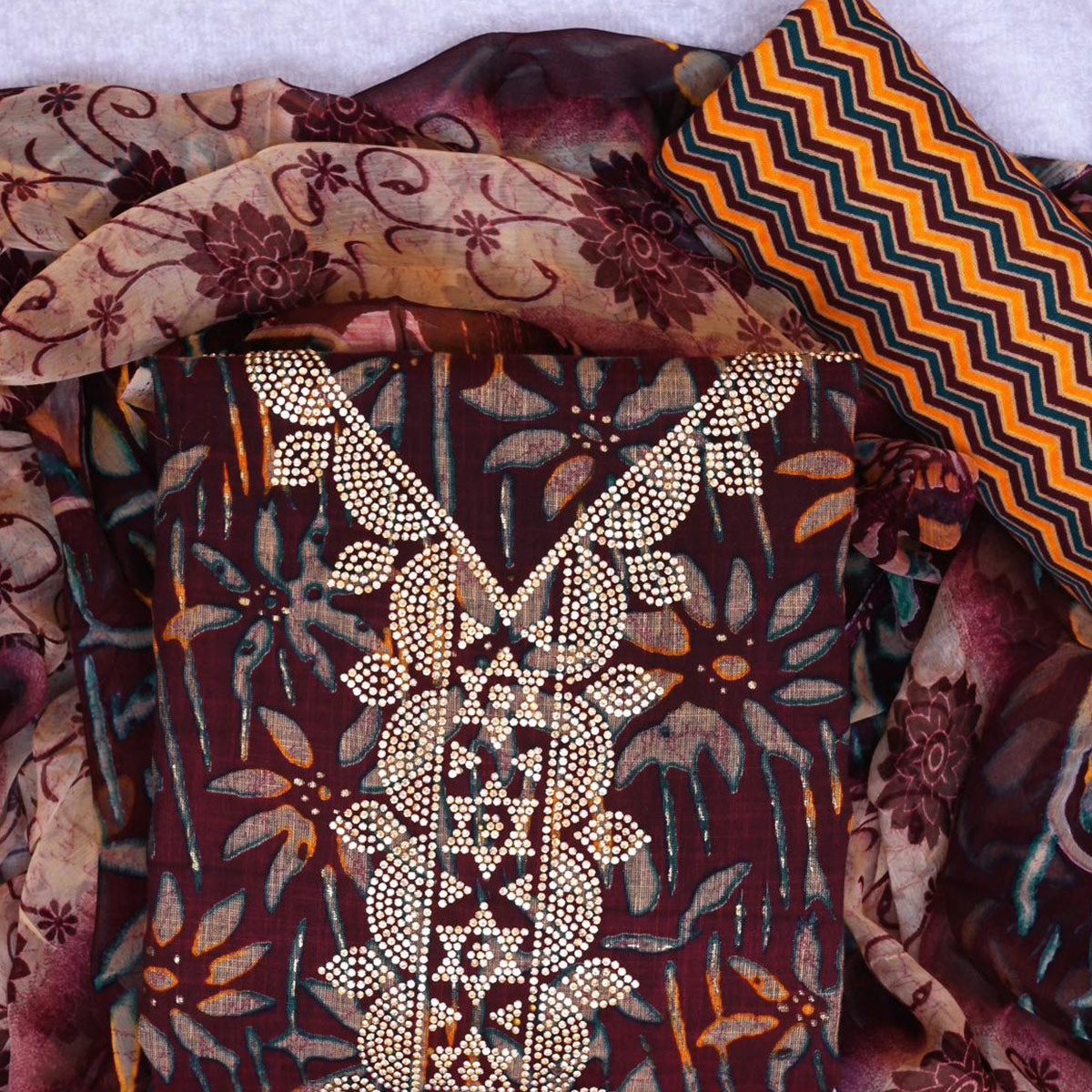 Wine Floral Printed Pure Cotton Dress Material