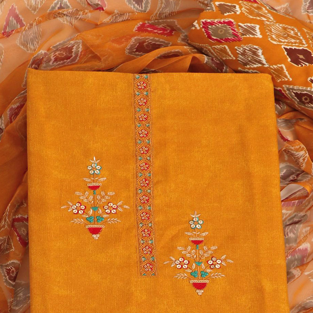 Mustard Floral Sequins Embroidered Pure Cotton Dress Material