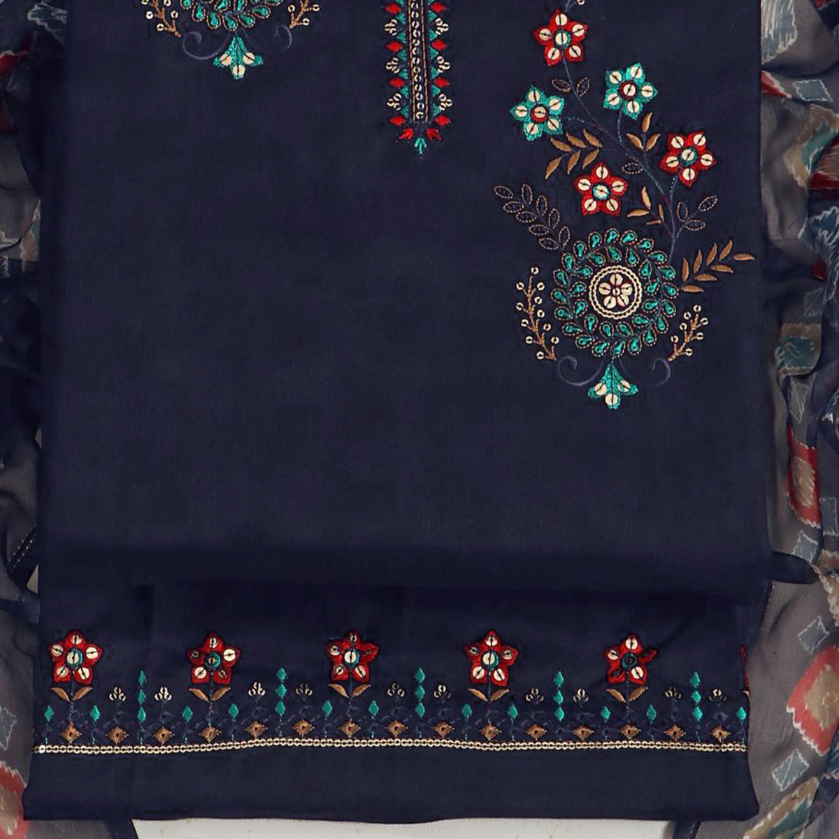 Navy Blue Floral Sequins Embroidered Pure Cotton Dress Material