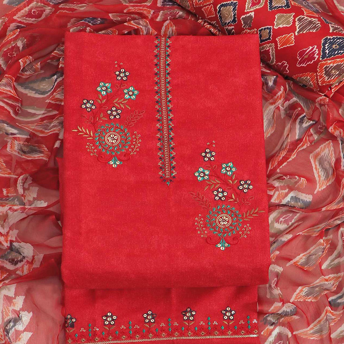 Red Floral Sequins Embroidered Pure Cotton Dress Material