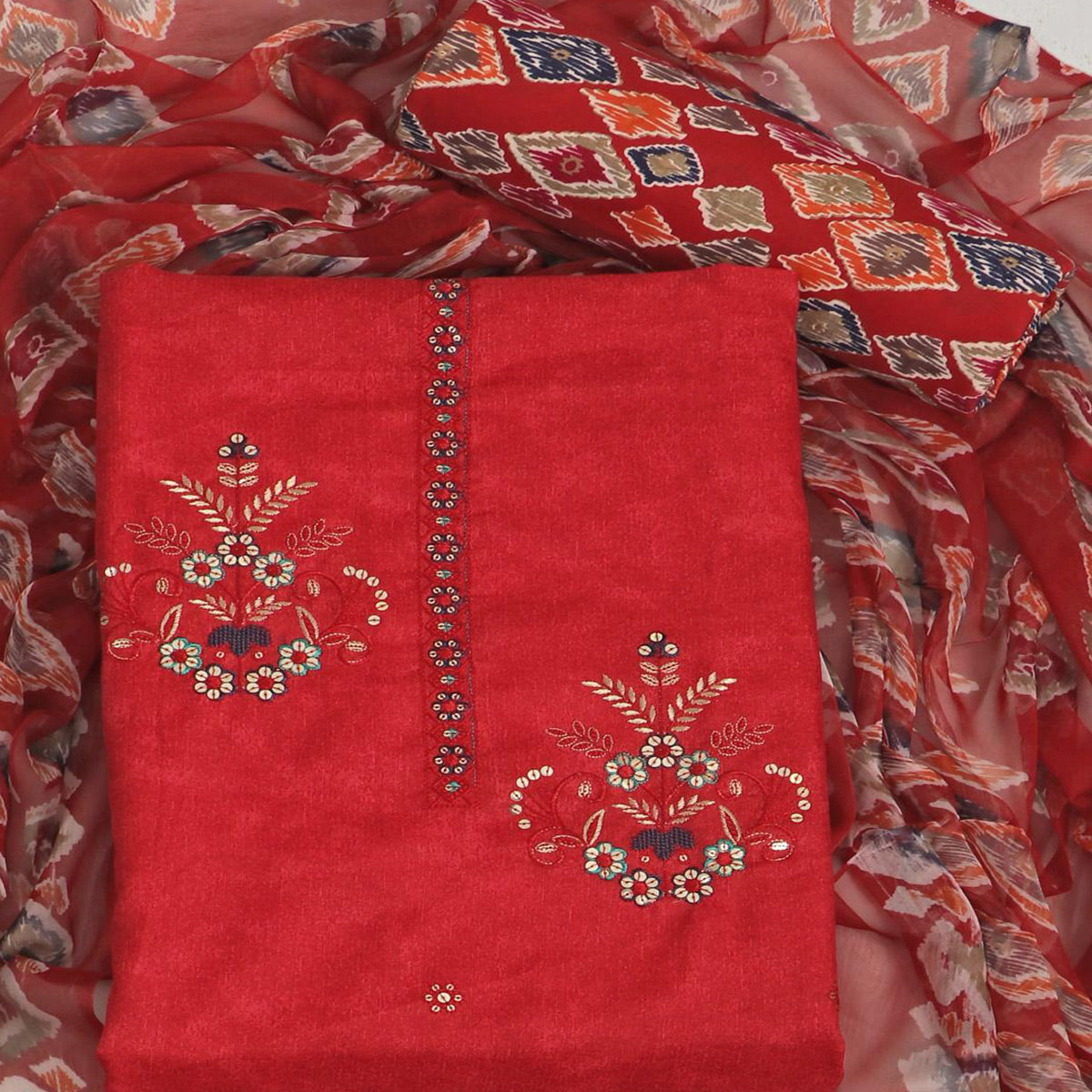 Red Floral Embroidered Pure Cotton Dress Material