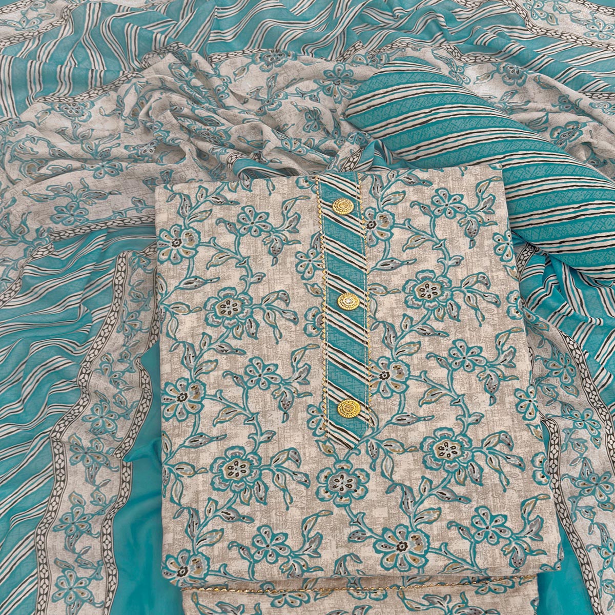 Charming Blue Floral Printed Cotton Blend Dress Material Featuring Intricate Lace Border