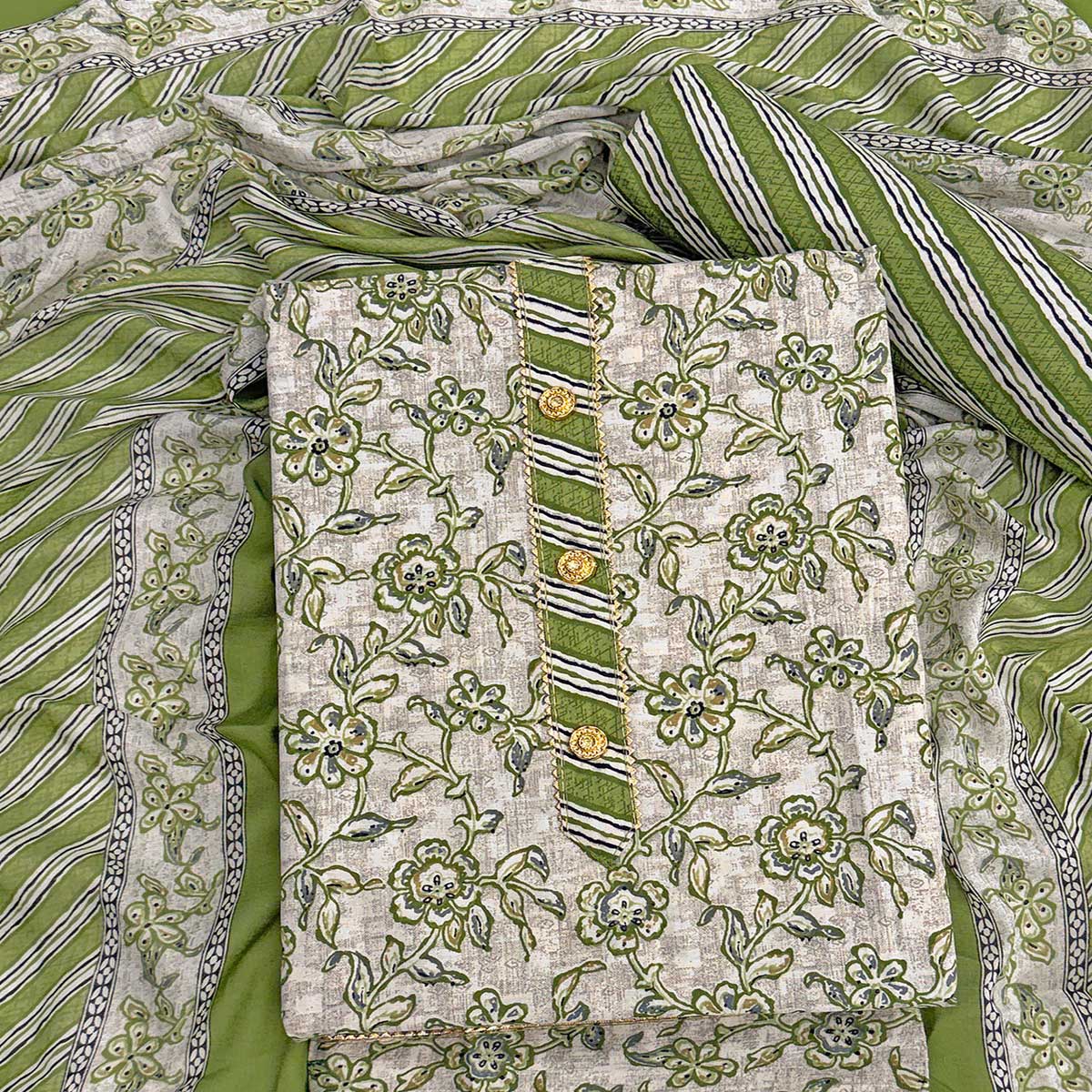 Charming Green Floral Printed Cotton Blend Dress Material Featuring Intricate Lace Border