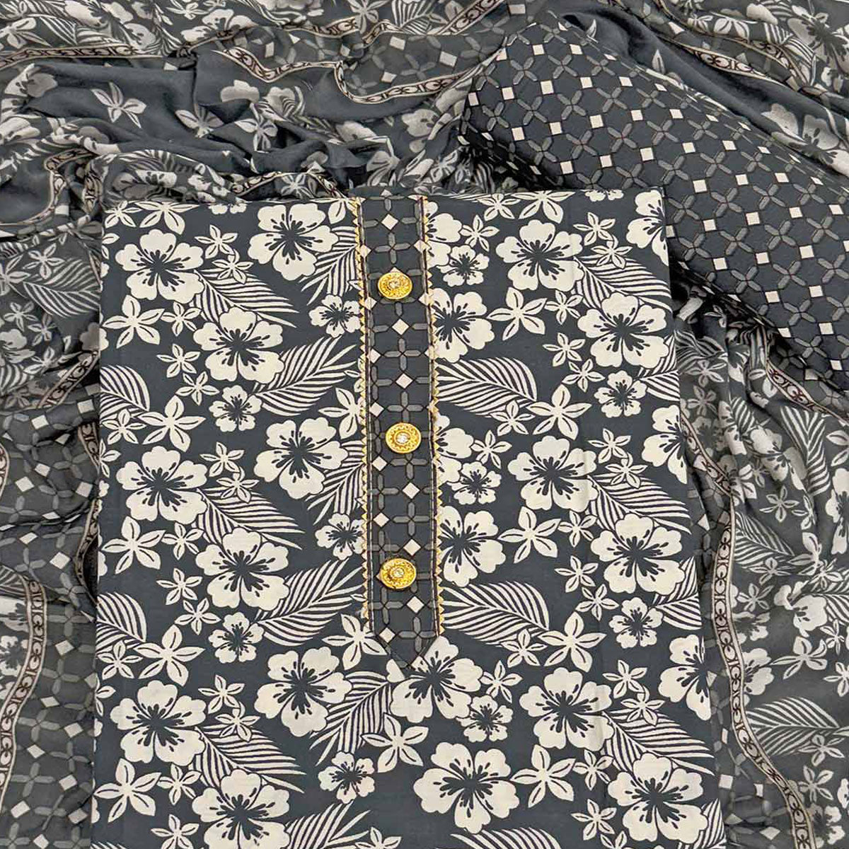 Graceful Grey Floral Printed Cotton Blend Dress Material With Lace Border