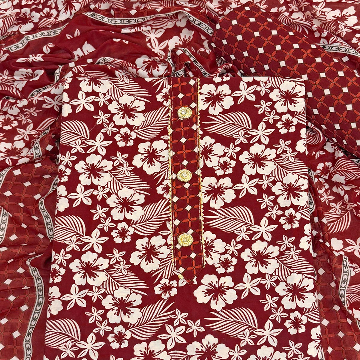 Graceful Maroon Floral Printed Cotton Blend Dress Material With Lace Border
