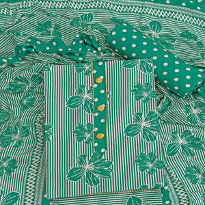 Rama Green Floral & Striped Printed Cotton Blend Dress Material With Elegant Lace Border