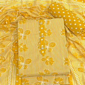 Mustard Floral & Striped Printed Cotton Blend Dress Material With Elegant Lace Border