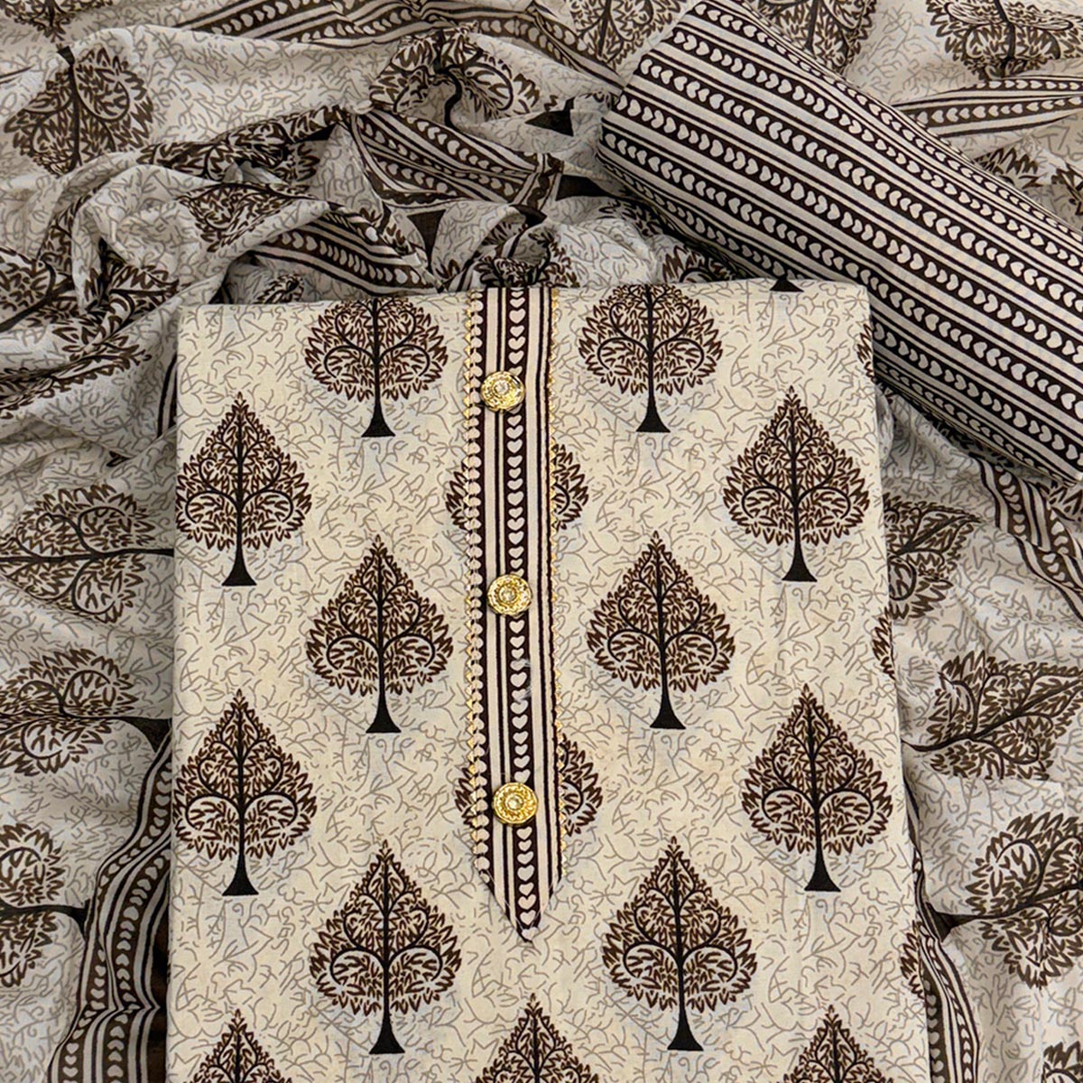 Vibrant Brown Leaf Printed Cotton Blend Dress Material Refined With Lace Border