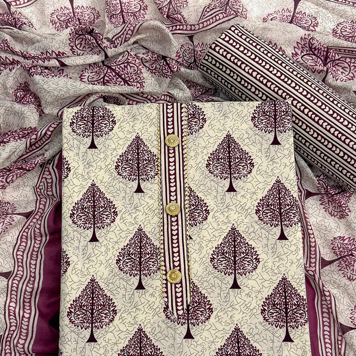 Vibrant Wine Leaf Printed Cotton Blend Dress Material Refined With Lace Border