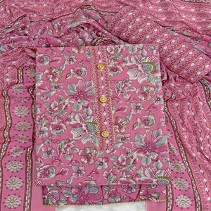 Elegant Pink Floral Printed Cotton Blend Dress Material Adorned With Intricate Lace Border
