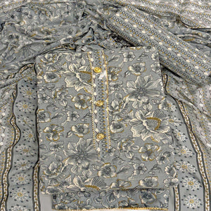 Elegant Grey Floral Printed Cotton Blend Dress Material Adorned With Intricate Lace Border