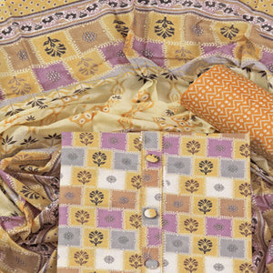 Pale Yellow Floral Printed With Gota Patti Work Pure Cotton Dress Material