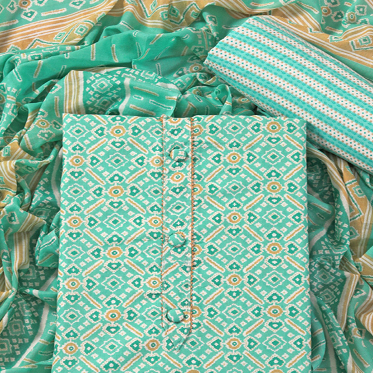 Turquoise Patola Printed With Gota Patti Work Pure Cotton Dress Material