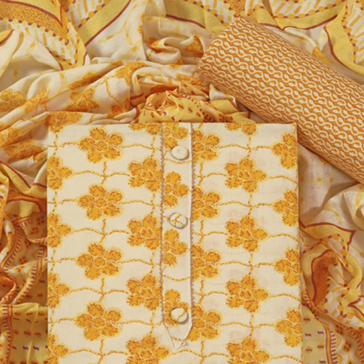 Mustard Floral Printed With Gota Patti Work Pure Cotton Dress Material