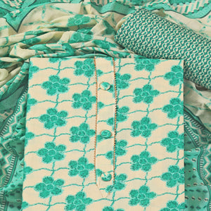 Turquoise Floral Printed With Gota Patti Work Pure Cotton Dress Material