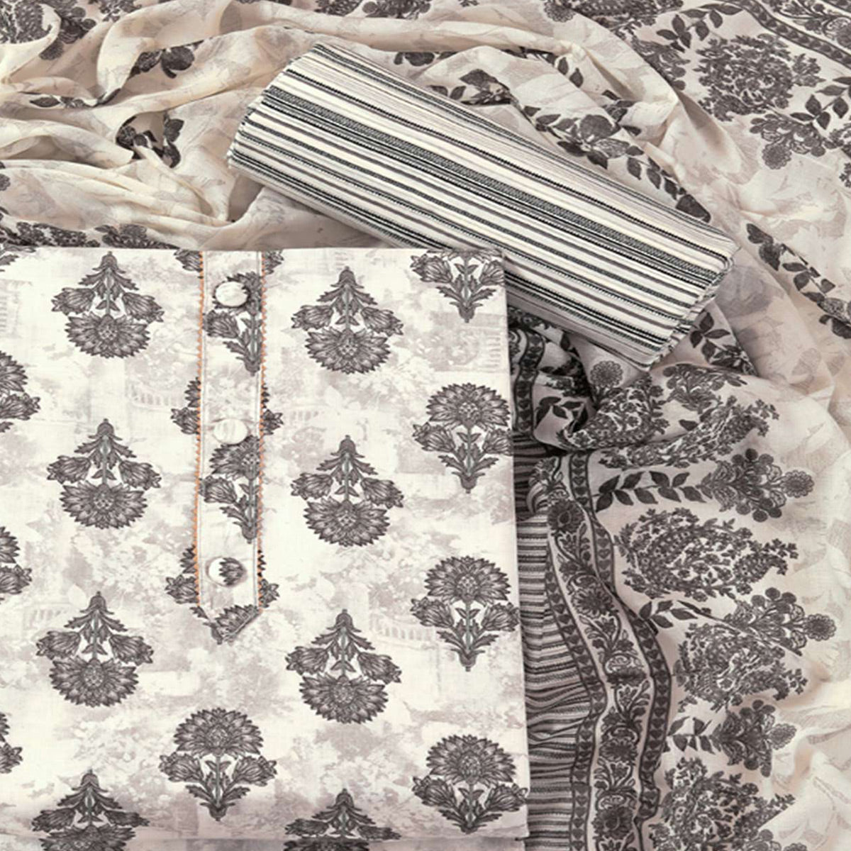 Offwhite Floral Printed With Gota Patti Work Pure Cotton Dress Material