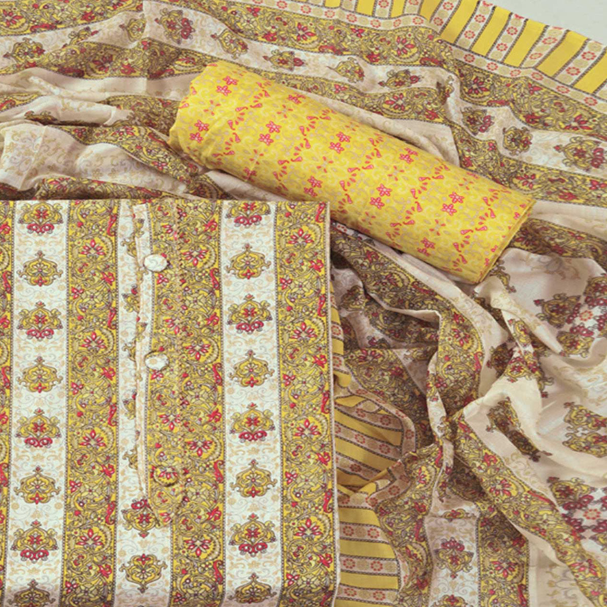 Yellow Floral Printed With Gota Patti Work Pure Cotton Dress Material