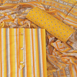 Yellow Striped Printed With Gota Patti Work Pure Cotton Dress Material