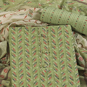 Fresh Green Dress Material in Pure Cotton with Subtle Leaf Print Accents