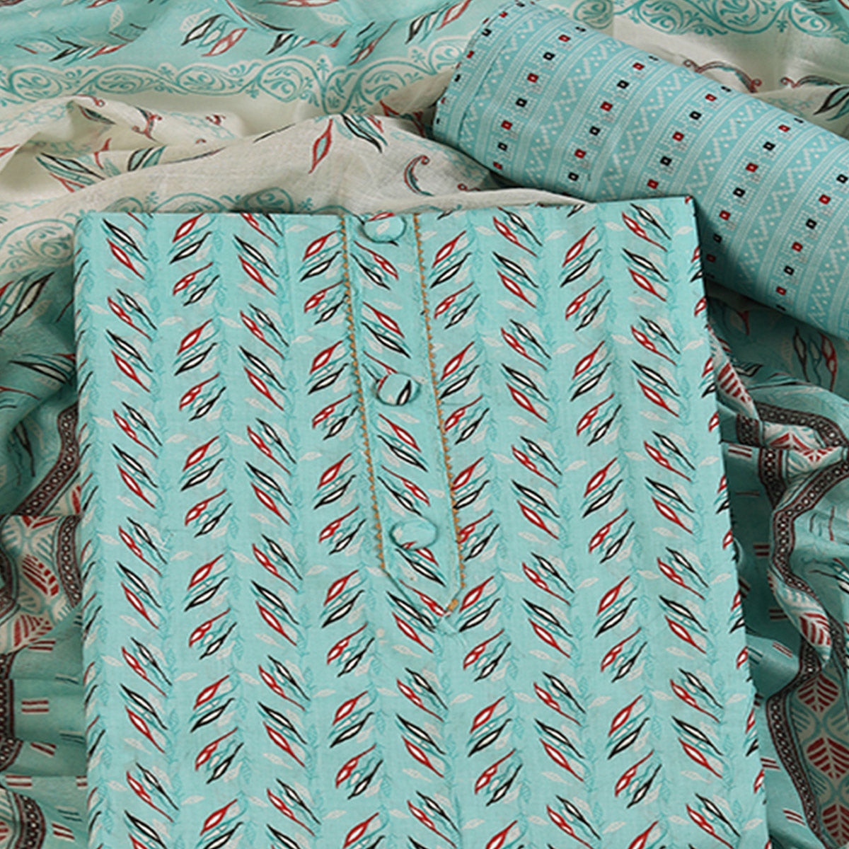 Fresh Sea Green Dress Material in Pure Cotton with Subtle Leaf Print Accents