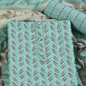 Fresh Sea Green Dress Material in Pure Cotton with Subtle Leaf Print Accents