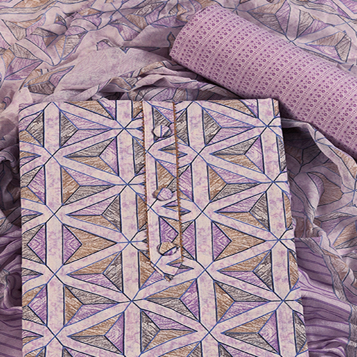 Lavender Pure Cotton Dress Material with Contemporary Geometric Prints