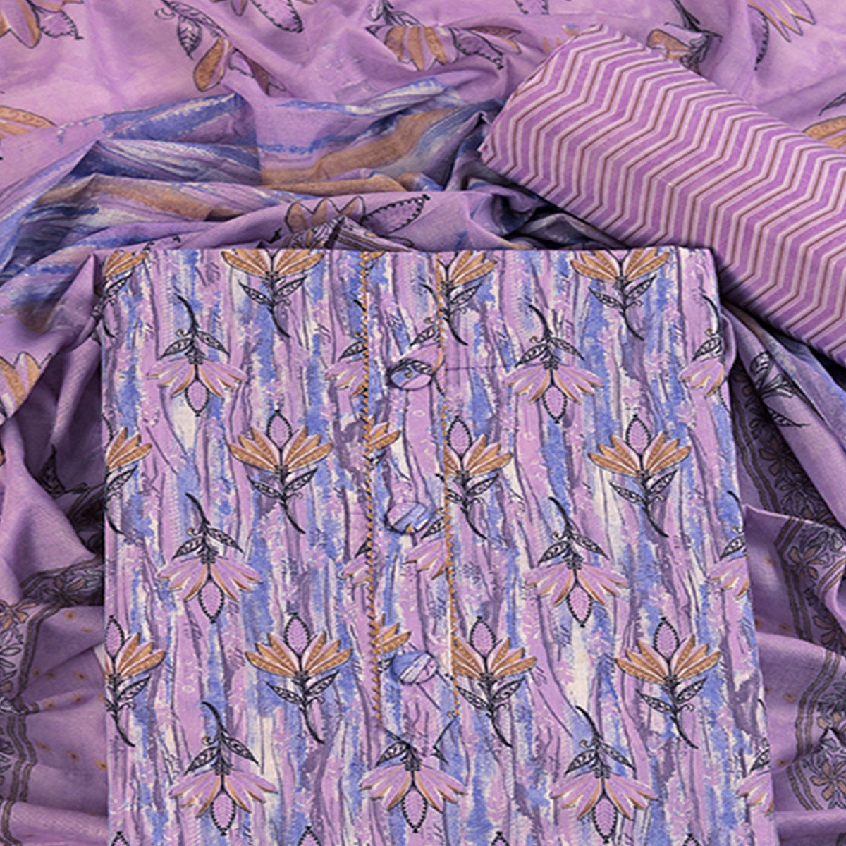 Lavender Pure Cotton Ensemble with All-Over Floral Motif Designs Dress Material