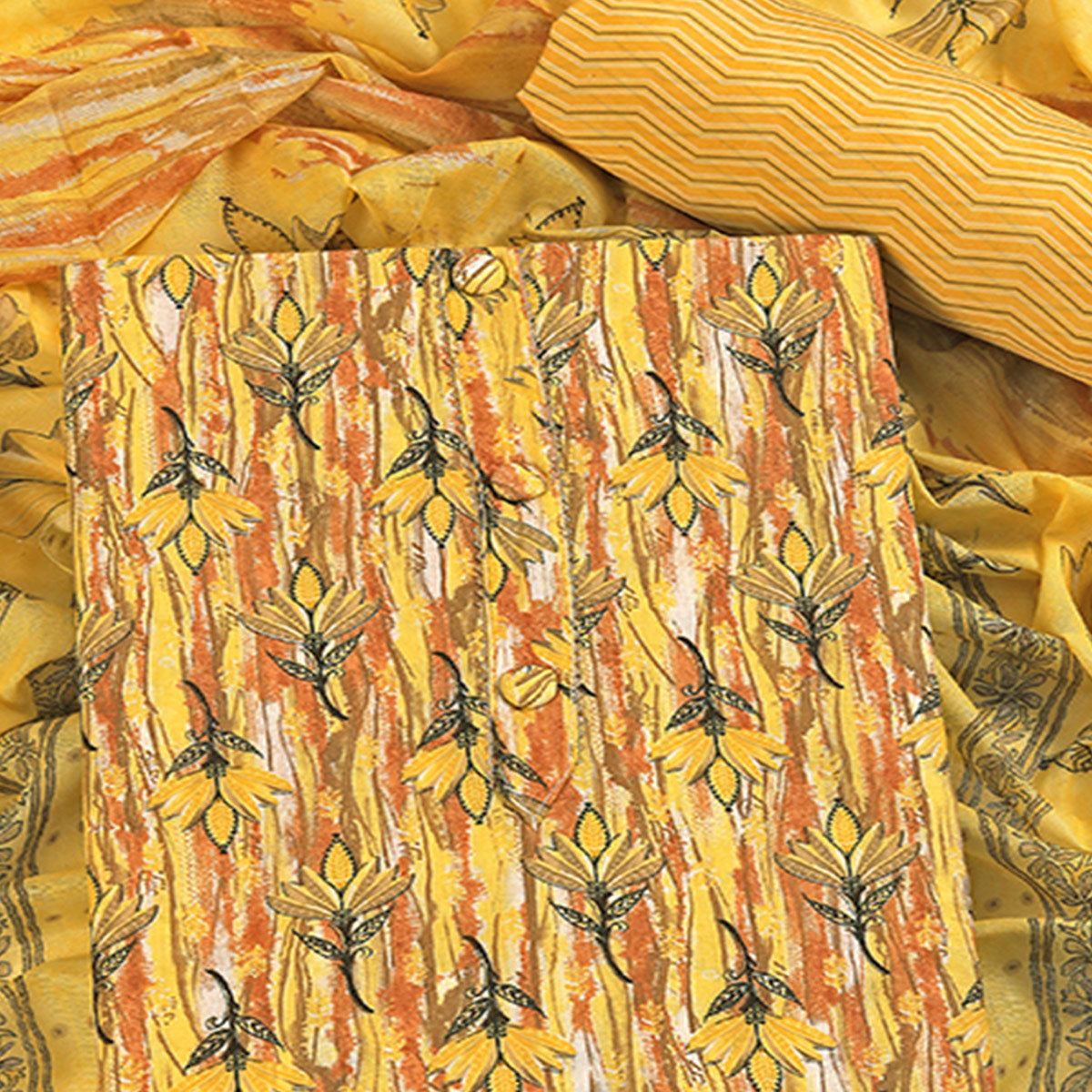 Yellow Pure Cotton Ensemble with All-Over Floral Motif Designs Dress Material