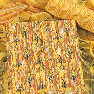 Yellow Pure Cotton Ensemble with All-Over Floral Motif Designs Dress Material