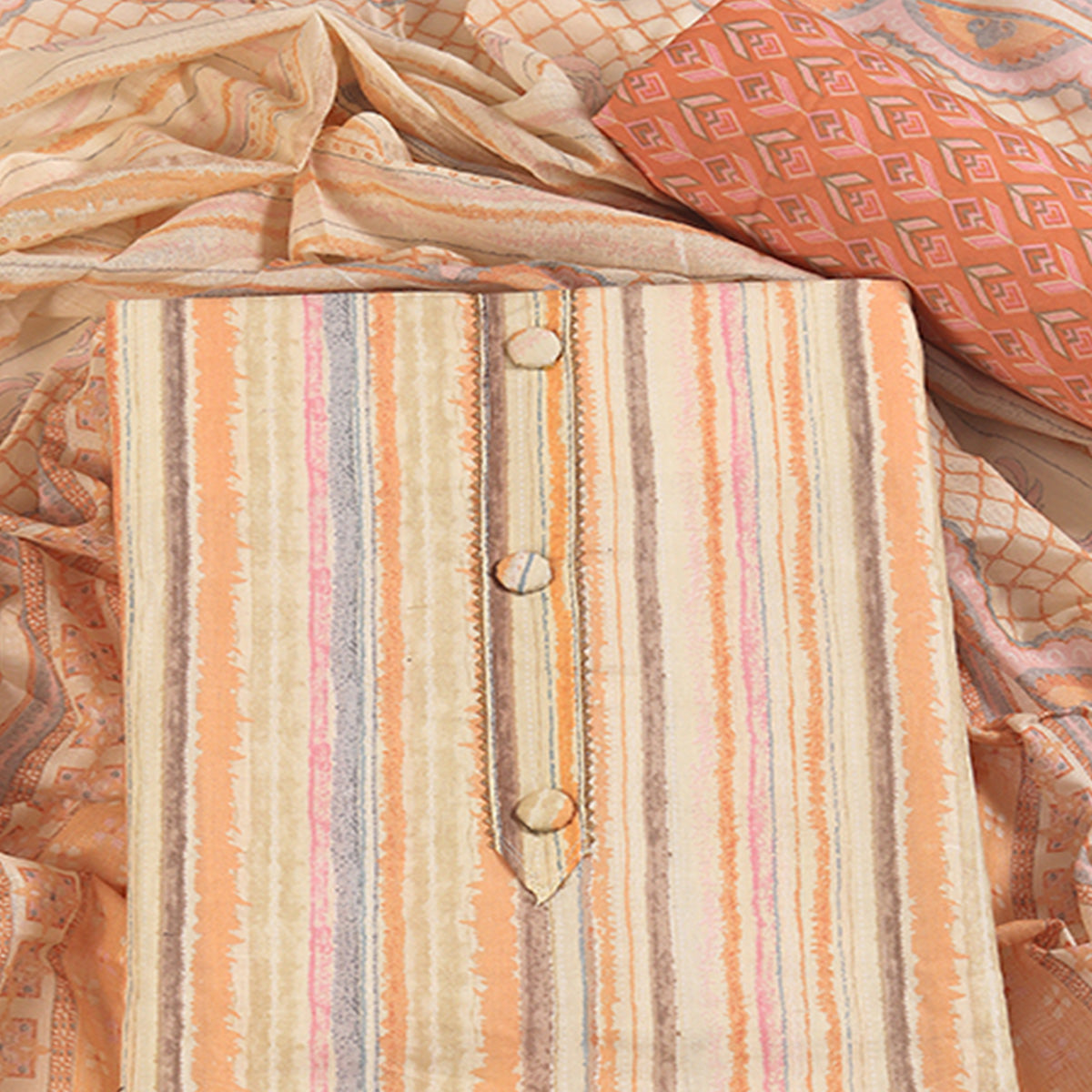 Classic Striped Design in Soft Beige Pure Cotton Unstitched Dress Material