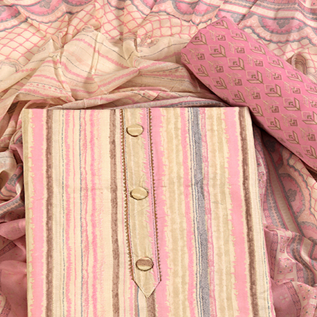 Classic Striped Design in Soft Pink Pure Cotton Unstitched Dress Material