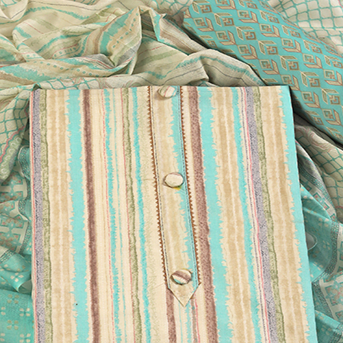 Classic Striped Design in Soft Sea Green Pure Cotton Unstitched Dress Material