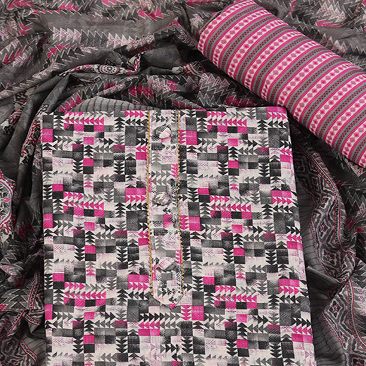 Cotton Dress Material Featuring a Grey and Pink Palette with Artistic Geometric Patterns